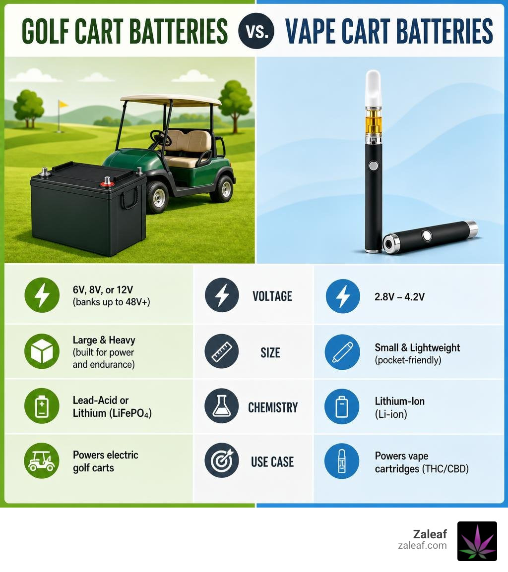 Infographic comparing golf cart batteries vs vape cart batteries: voltage, size, chemistry, and use case infographic