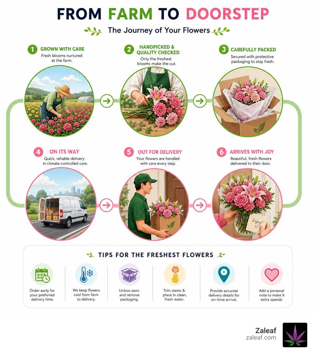 Infographic showing the journey of online flowers from farm to doorstep, including key steps and tips infographic Infographic showing the journey of online flowers from farm to doorstep, including key steps and tips infographic