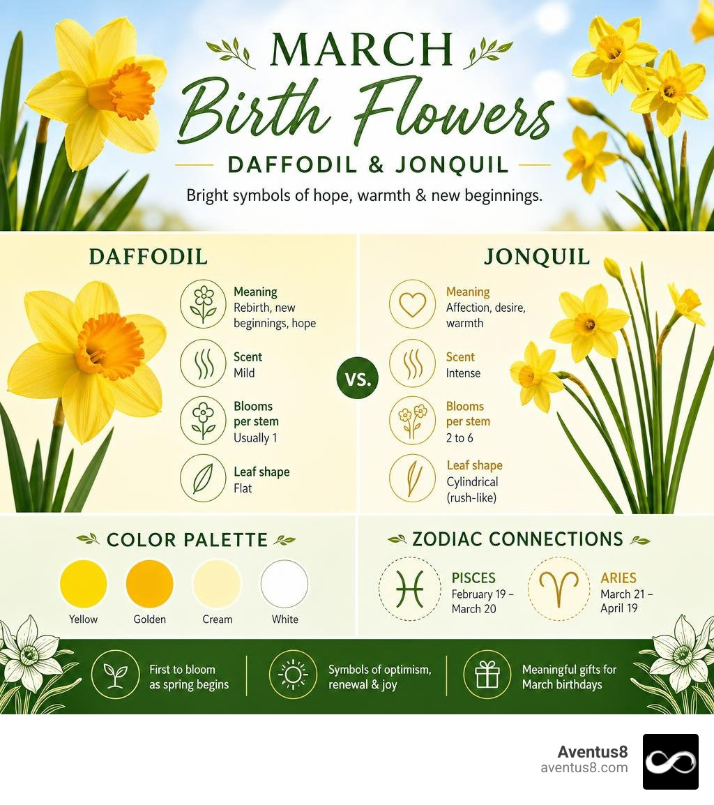 March birth flower infographic showing daffodil and jonquil meanings, colors, and zodiac connections infographic