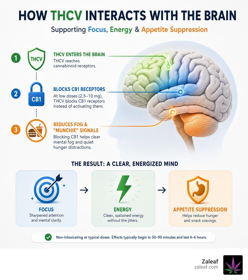Infographic: How THCV interacts with the brain to support focus, energy, and appetite suppression infographic Infographic: How THCV interacts with the brain to support focus, energy, and appetite suppression infographic