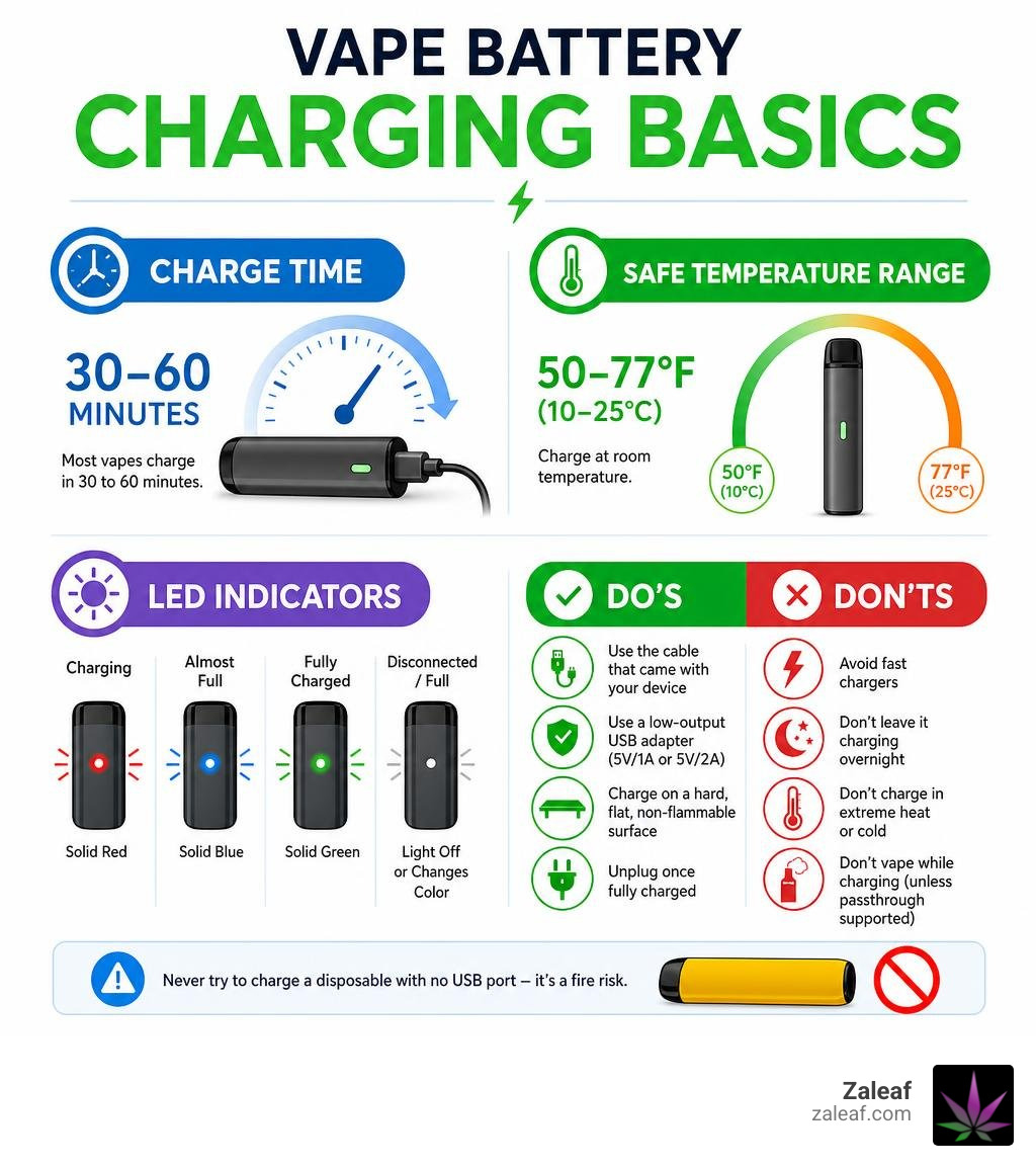 Vape battery charging basics infographic: charge time, safe temperature range, LED indicators, and do's and don'ts