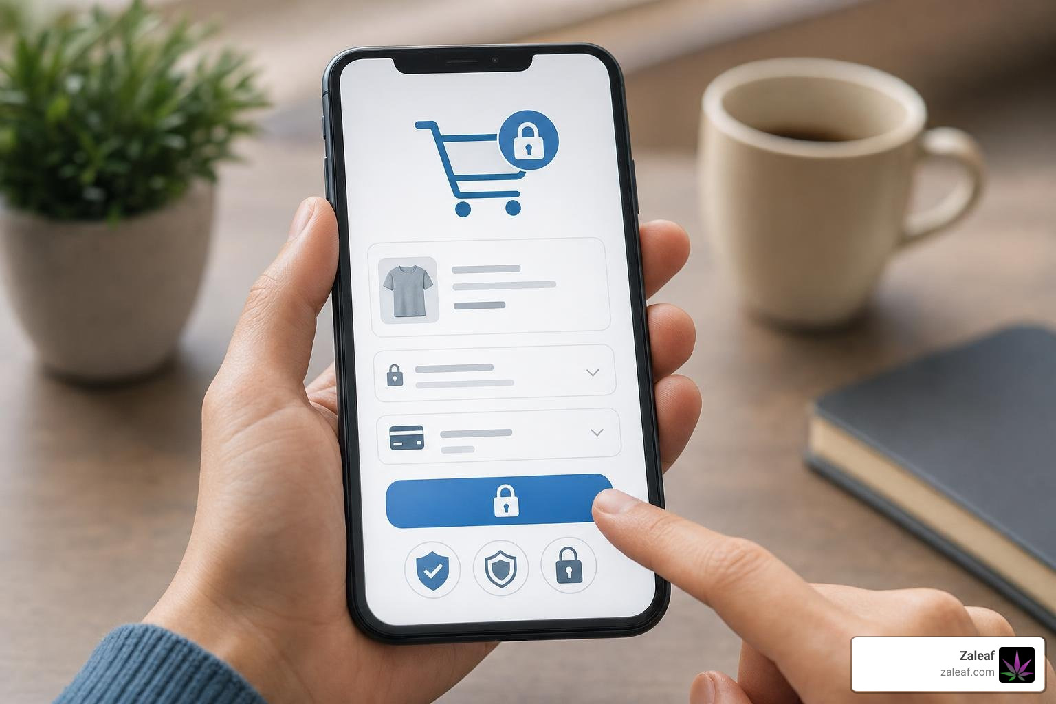 An illustration of a secure online checkout process on a mobile phone with lock icons and security badges