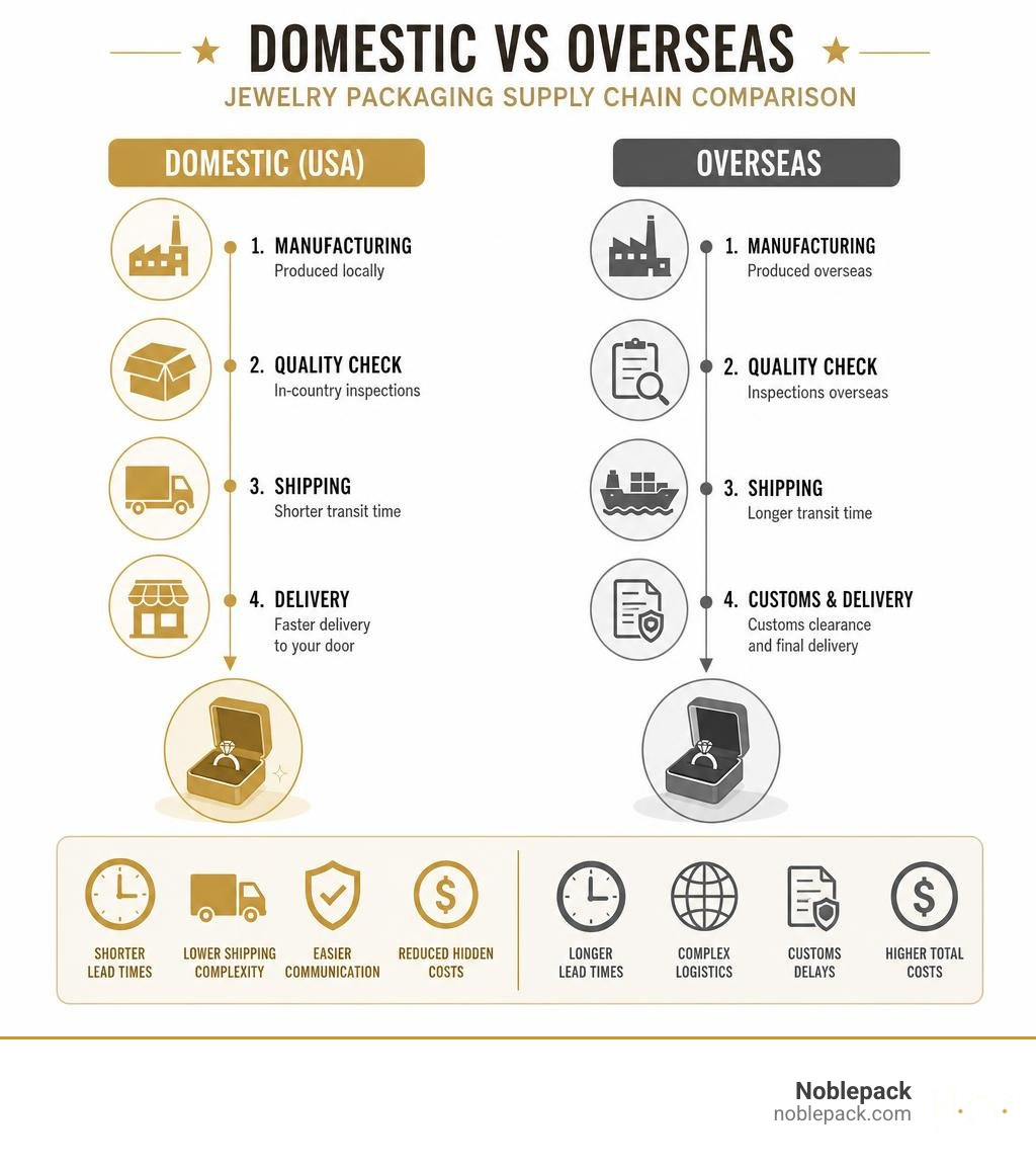 Domestic vs overseas jewelry packaging supply chain comparison infographic infographic