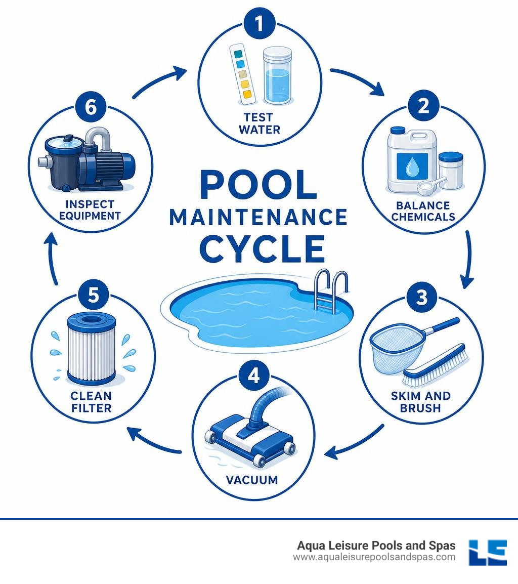 Infographic showing the pool maintenance cycle: test water, balance chemicals, skim and brush, vacuum, clean filter, inspect