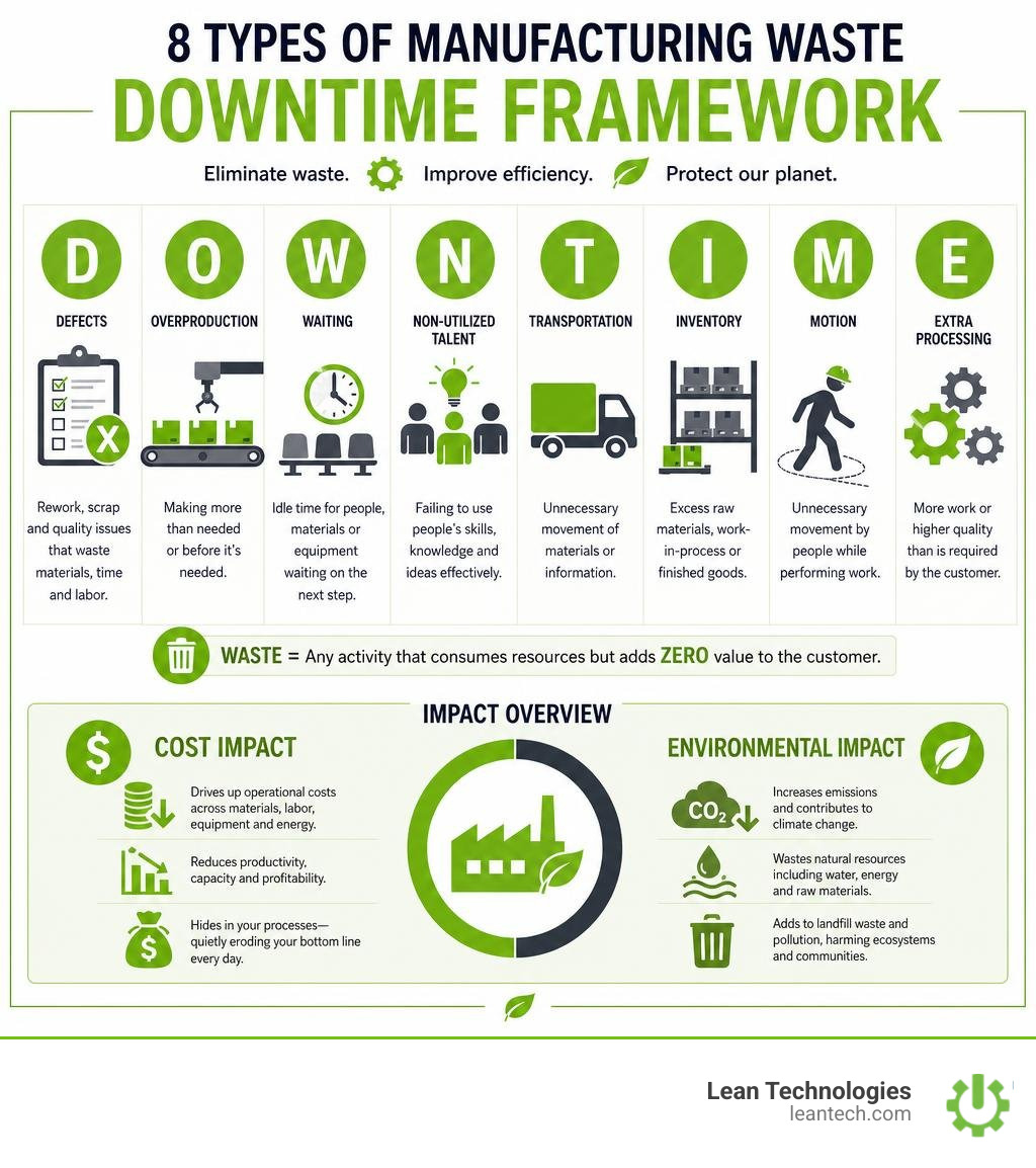 8 types of manufacturing waste DOWNTIME framework with cost and environmental impact overview infographic