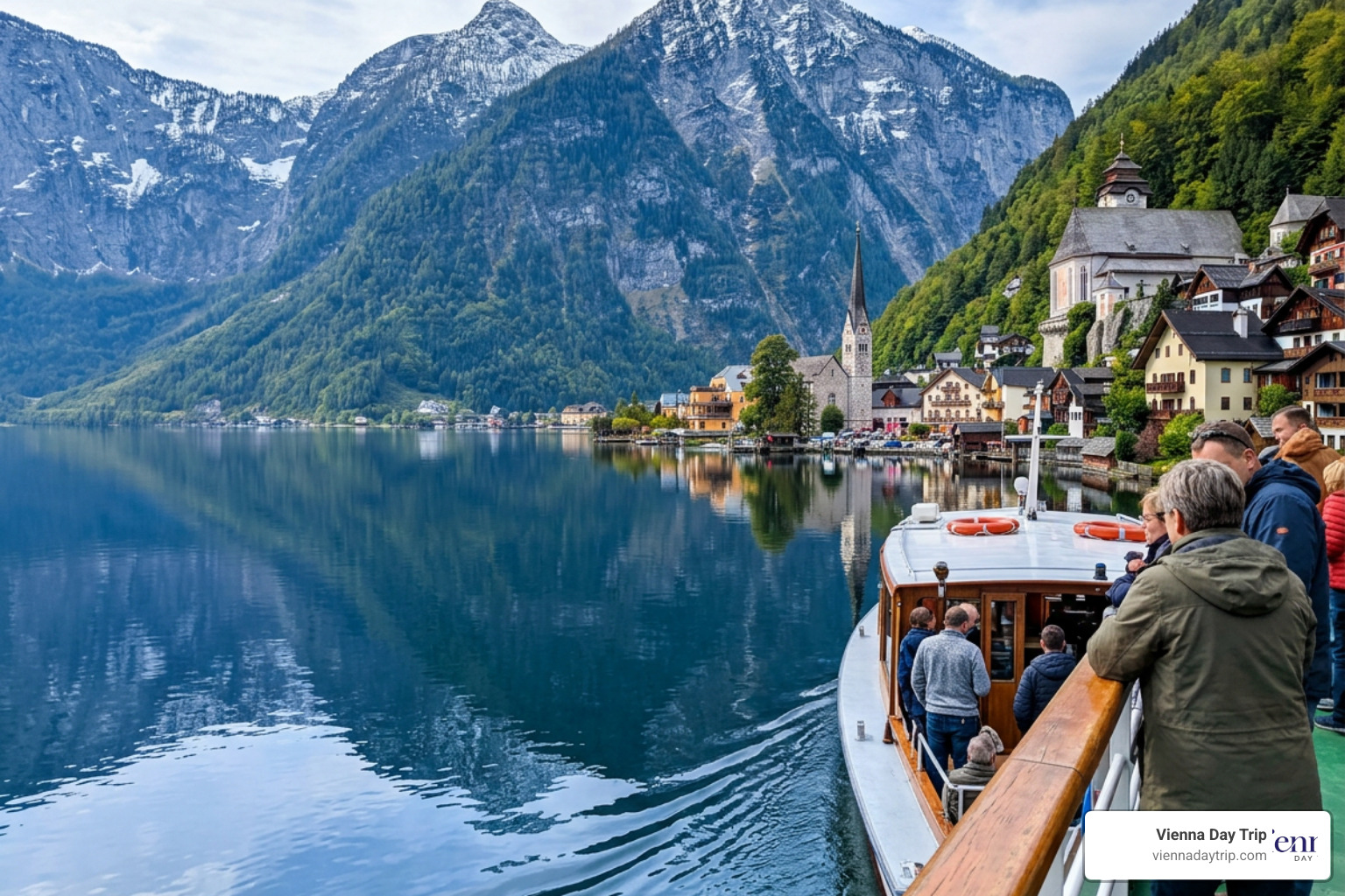 Scenic ferry ride across the lake to Hallstatt town