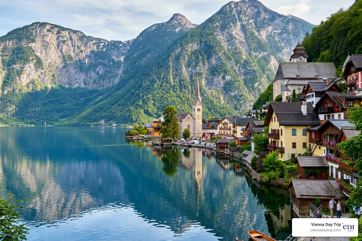 The classic postcard view of Hallstatt with the church steeple and lake