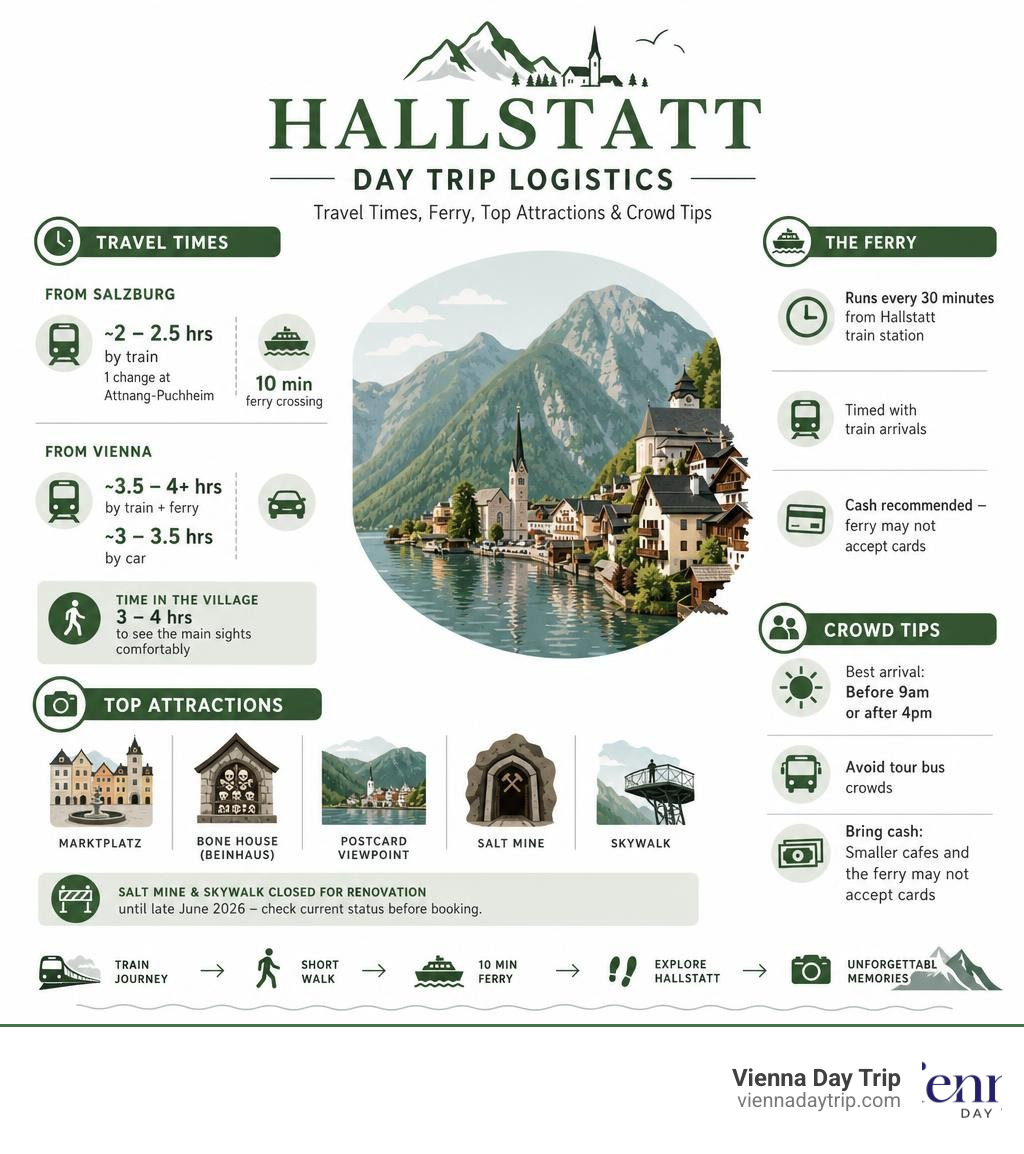 Hallstatt day trip logistics infographic: travel times, ferry, top attractions, crowd tips infographic