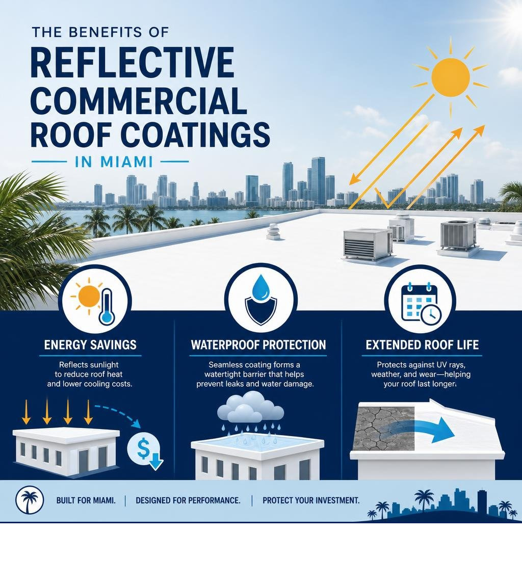 Infographic showing benefits of reflective commercial roof coatings in Miami including energy savings, waterproofing, and