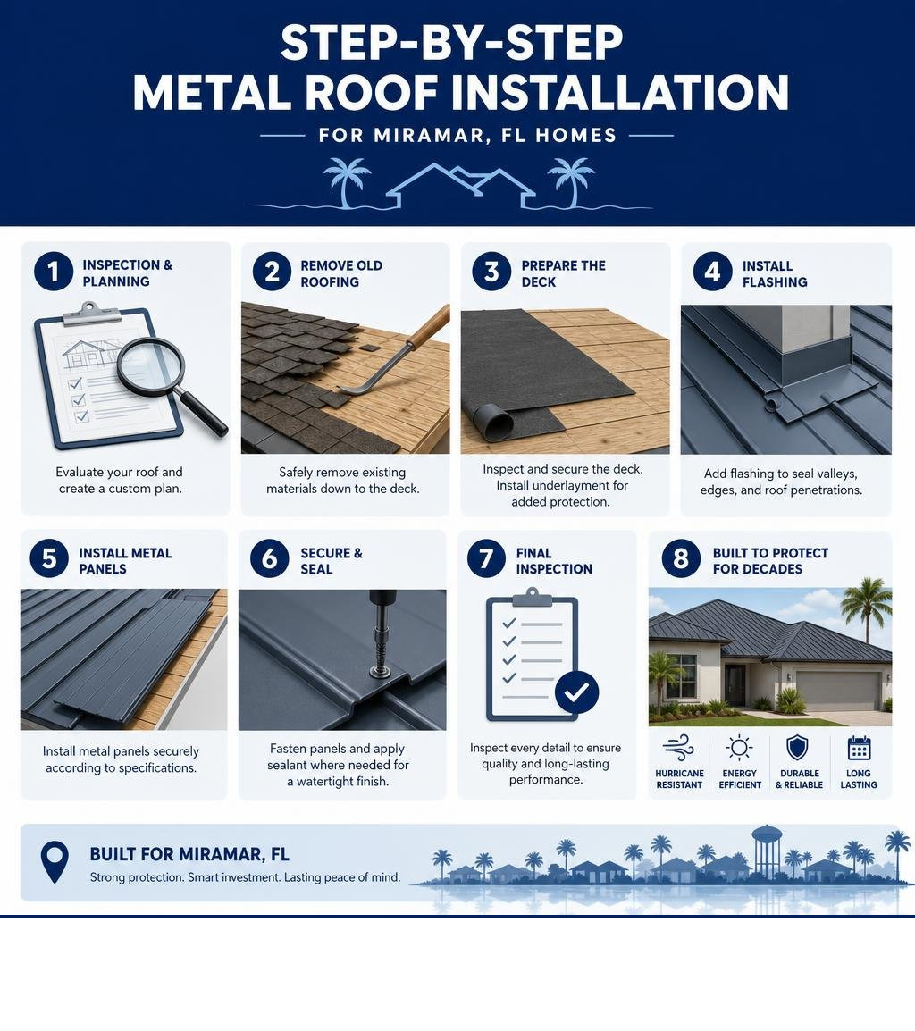 Step-by-step metal roof installation process infographic for Miramar FL homes infographic