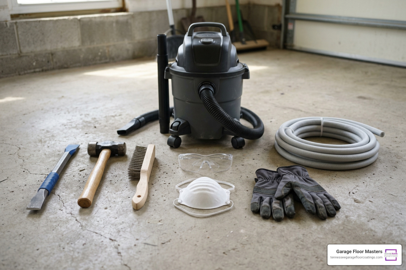 Tools needed for concrete repair: chisel, hammer, wire brush, shop vac, safety gear, and backer rod Tools needed for concrete repair: chisel, hammer, wire brush, shop vac, safety gear, and backer rod