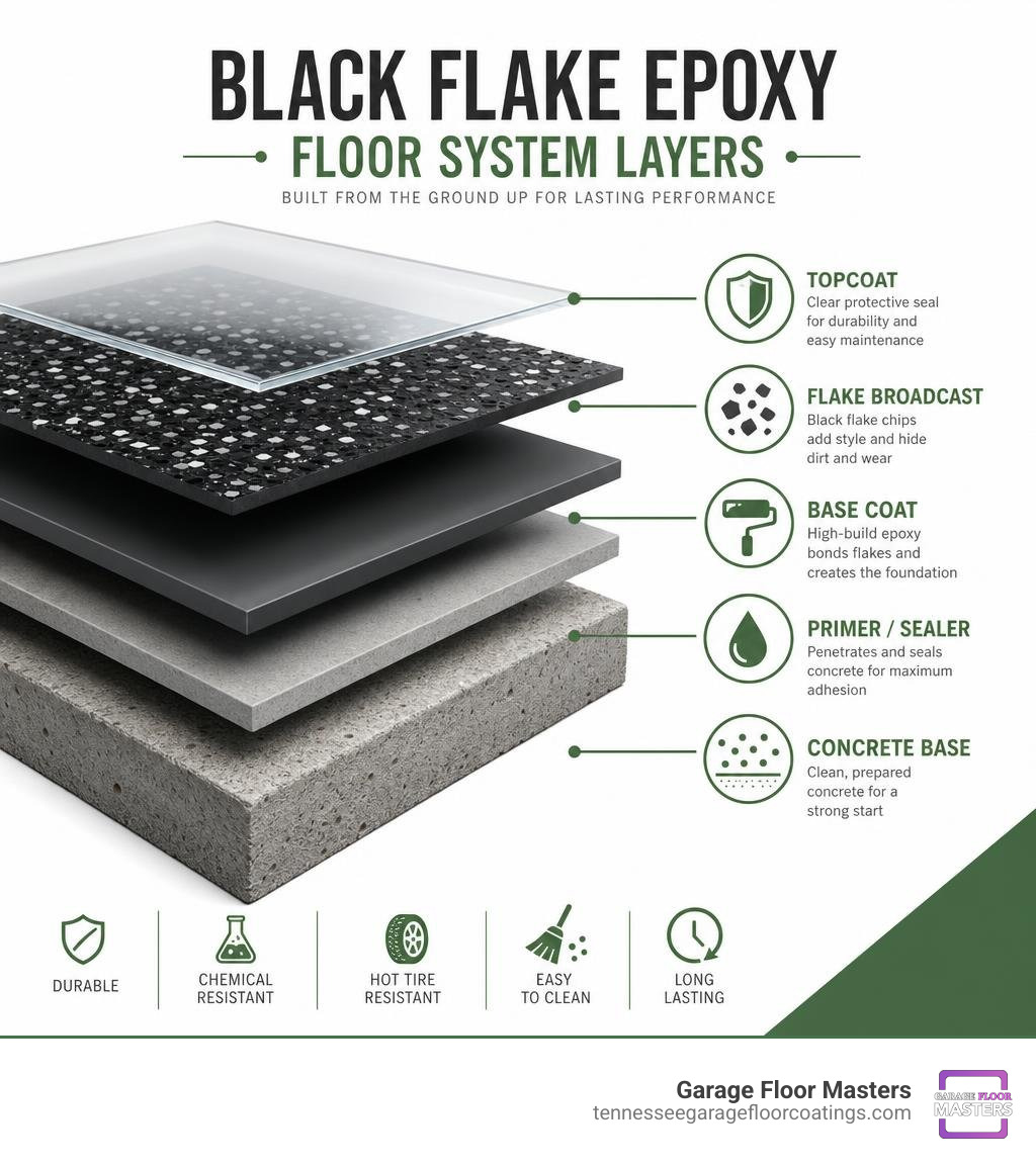 Infographic showing layers of a black flake epoxy floor system from concrete base to topcoat infographic
