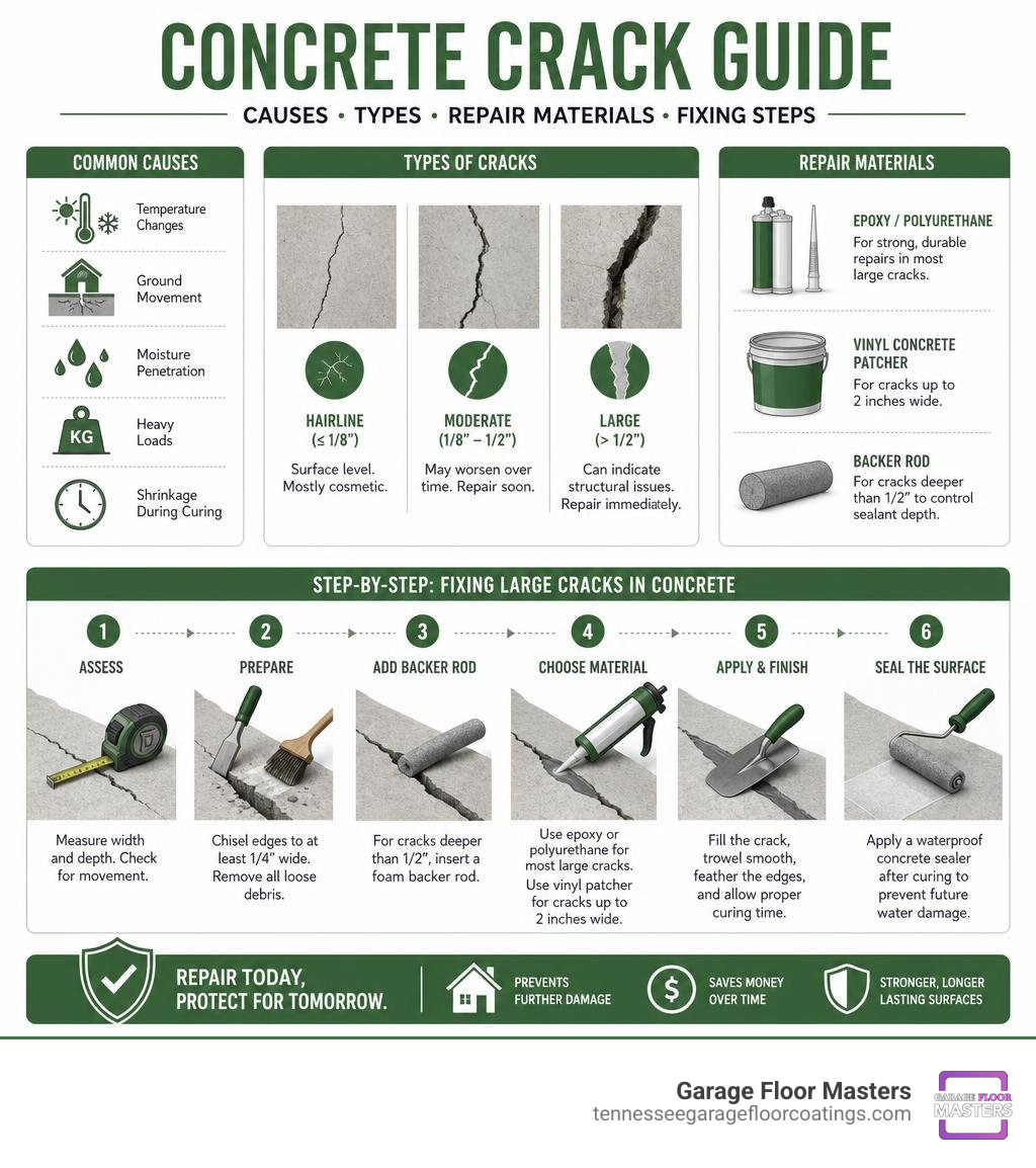Concrete crack causes, types, repair materials, and steps for fixing large cracks in concrete infographic Concrete crack causes, types, repair materials, and steps for fixing large cracks in concrete infographic