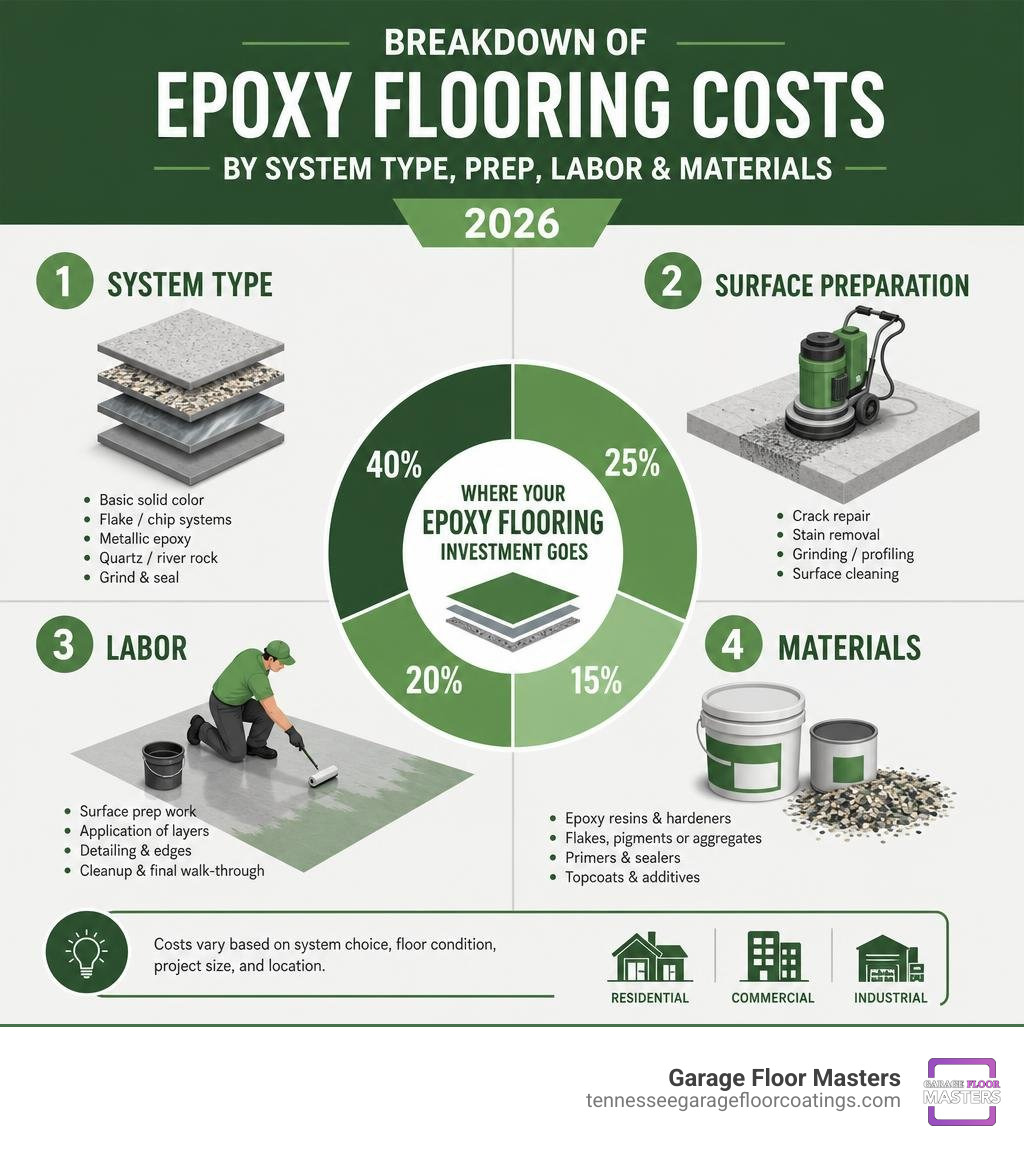 Breakdown of epoxy flooring costs by system type, prep, labor, and materials for 2026 infographic Breakdown of epoxy flooring costs by system type, prep, labor, and materials for 2026 infographic