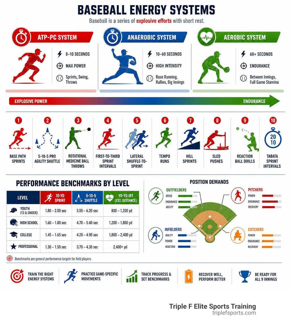 Infographic showing baseball energy systems, top conditioning drills, and performance benchmarks by level infographic Infographic showing baseball energy systems, top conditioning drills, and performance benchmarks by level infographic