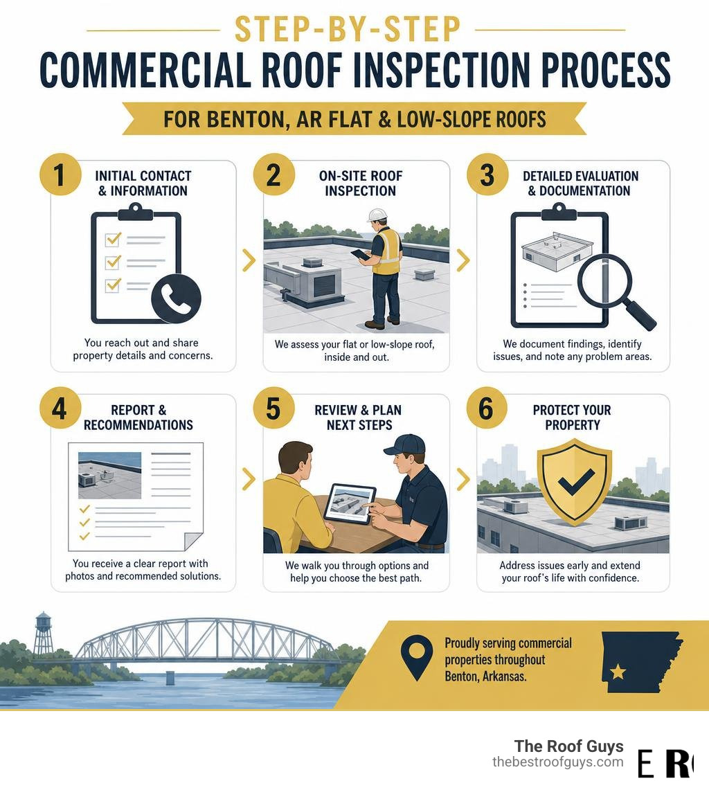 Step-by-step commercial roof inspection process infographic for Benton AR flat and low-slope roofs infographic Step-by-step commercial roof inspection process infographic for Benton AR flat and low-slope roofs infographic
