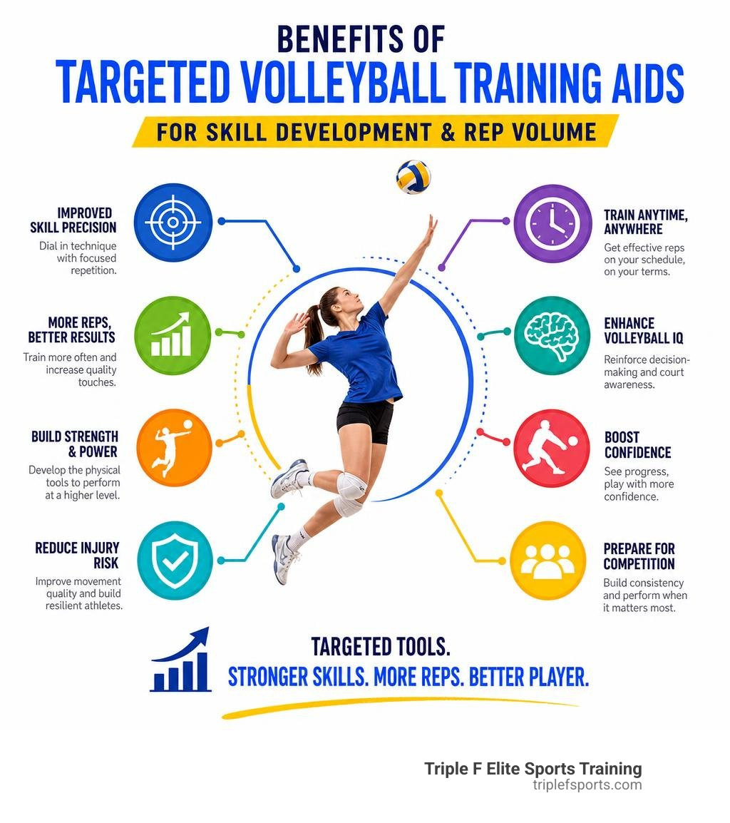 Benefits of targeted volleyball training aids for skill development and rep volume infographic Benefits of targeted volleyball training aids for skill development and rep volume infographic
