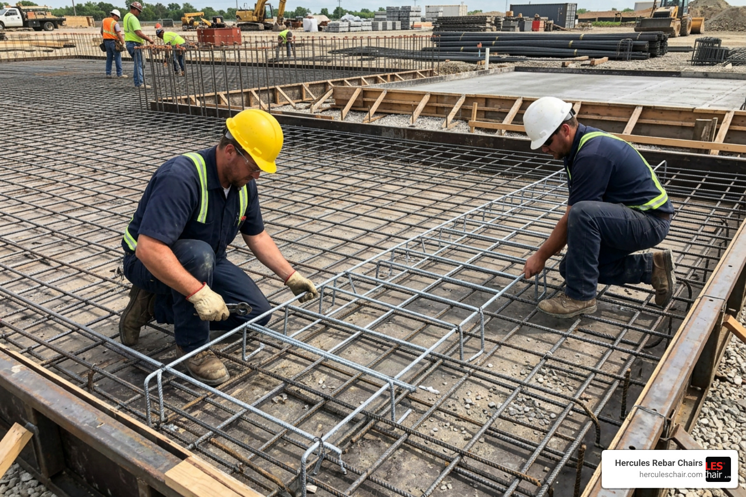Workers laying continuous wire chairs in a grid pattern before a concrete pour