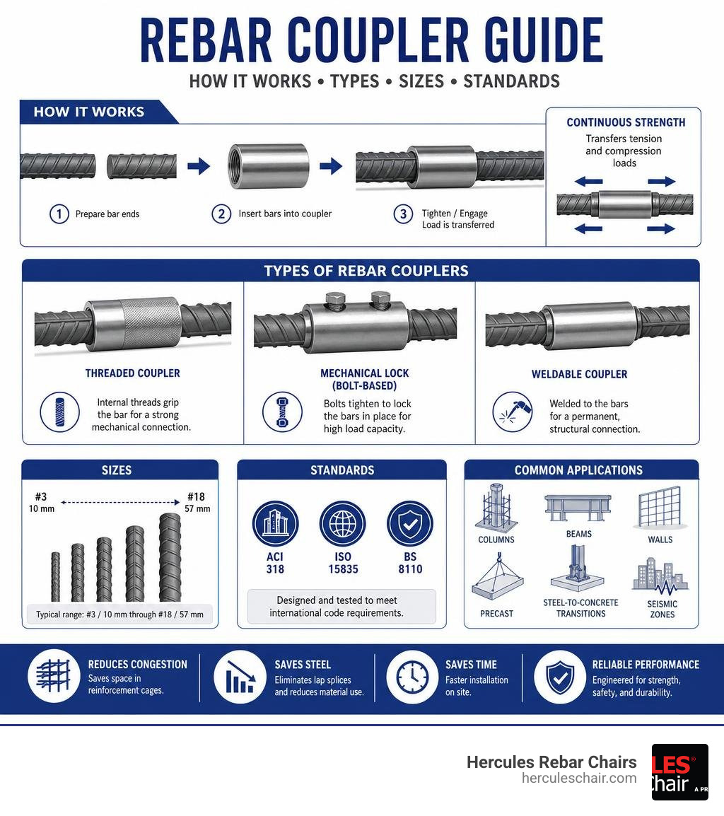 infographic showing how a rebar coupler works, types, sizes, and standards infographic