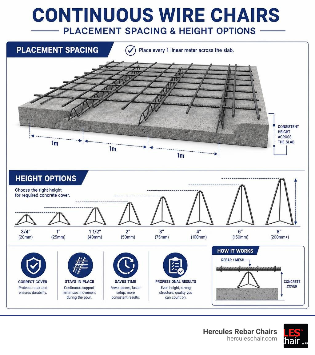 Infographic showing continuous wire chair placement spacing and height options in a concrete slab infographic