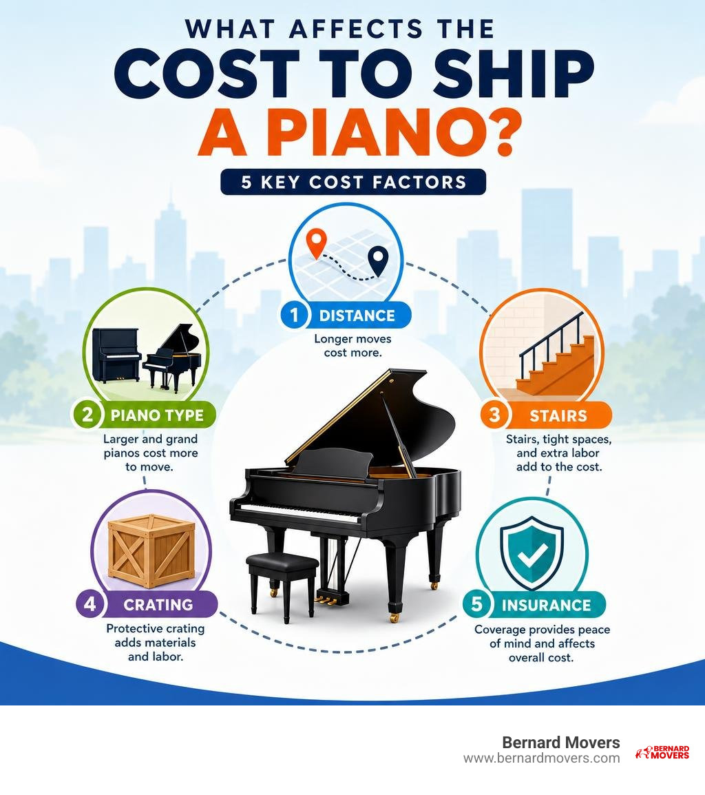 Infographic showing piano moving cost factors: distance, piano type, stairs, crating, and insurance infographic
