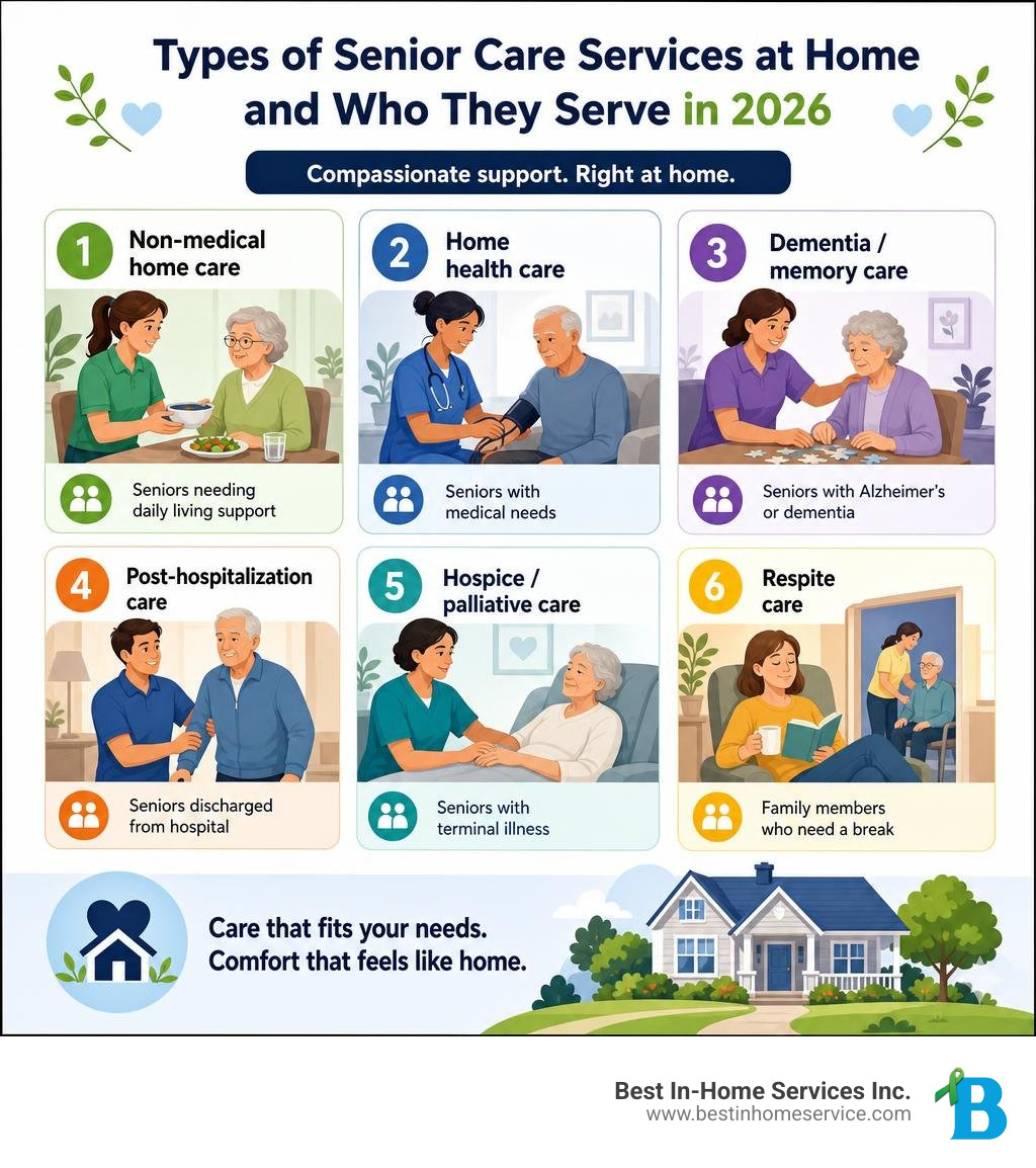 Types of senior care services at home and who they serve in 2026 infographic