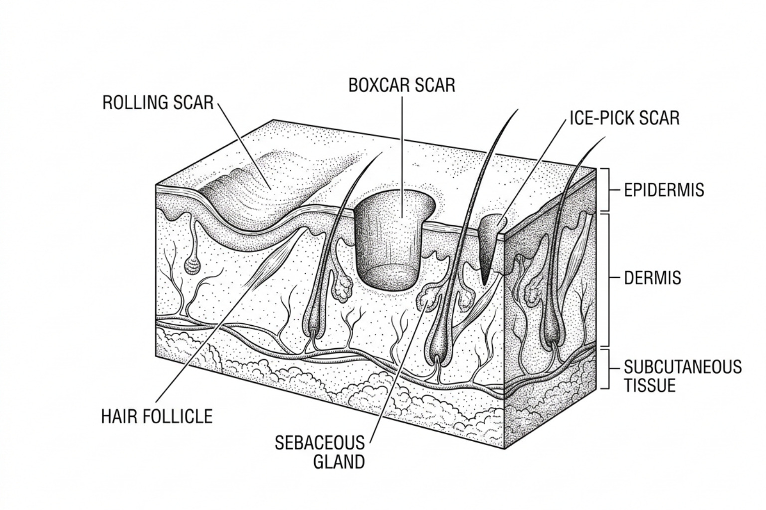 Anatomical diagram of a skin cross-section showing rolling, boxcar, and ice-pick acne scar types