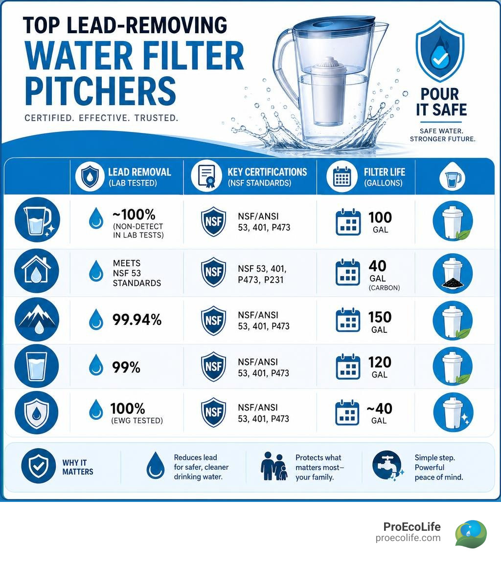 Infographic showing top lead-removing water filter pitchers with certifications, filter life, and lead removal percentage Infographic showing top lead-removing water filter pitchers with certifications, filter life, and lead removal percentage