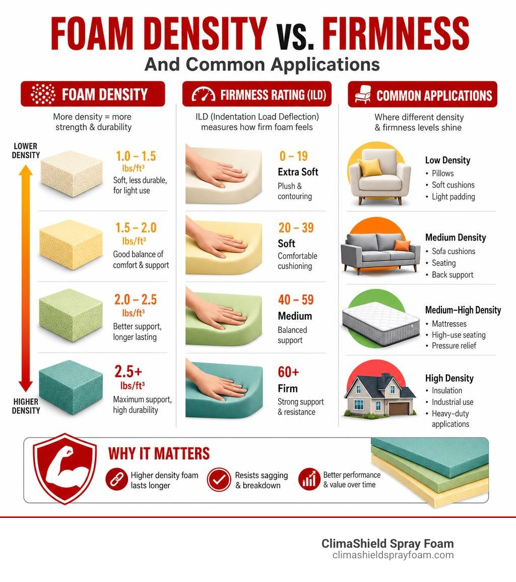 Infographic comparing foam density vs firmness ratings and common applications infographic