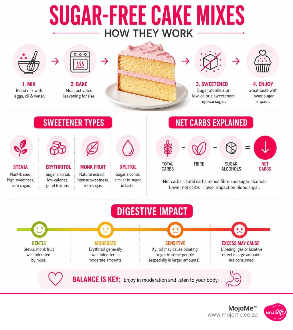 Infographic showing how sugar-free cake mixes work, sweetener types, net carbs and digestive impact infographic