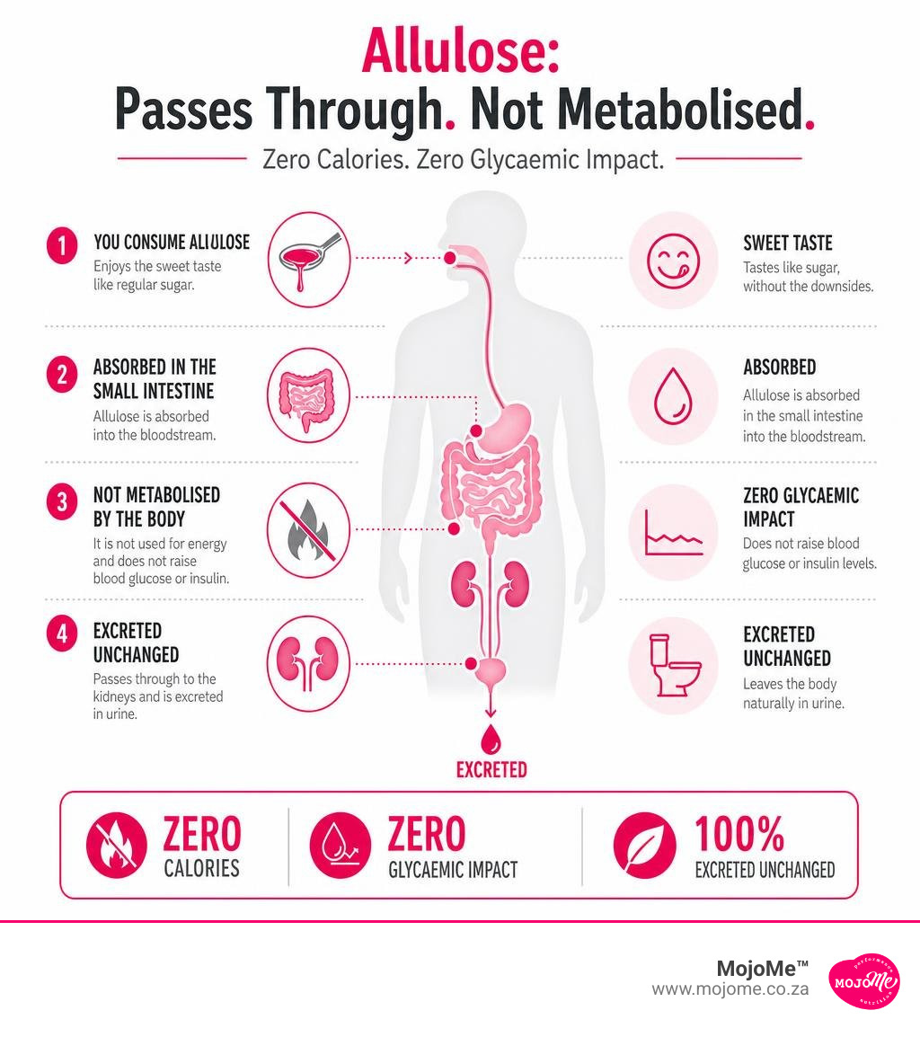 Infographic showing how allulose passes through the body without being metabolised, with zero calories and zero glycaemic Infographic showing how allulose passes through the body without being metabolised, with zero calories and zero glycaemic
