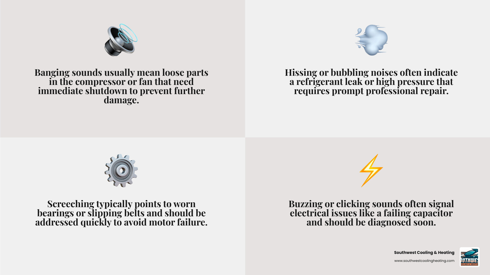 infographic showing common AC noises their causes and urgency levels for homeowners infographic infographic showing common AC noises their causes and urgency levels for homeowners infographic