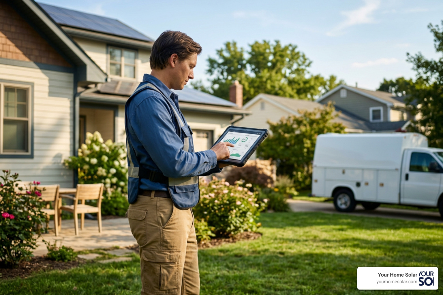 Solar technician calculating home energy usage with a digital tablet on a sunny day Solar technician calculating home energy usage with a digital tablet on a sunny day