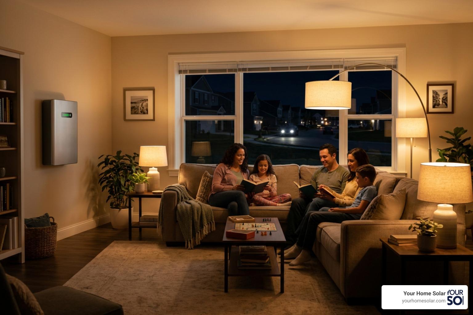 Home interior brightly lit by solar battery pack during an evening grid blackout Home interior brightly lit by solar battery pack during an evening grid blackout