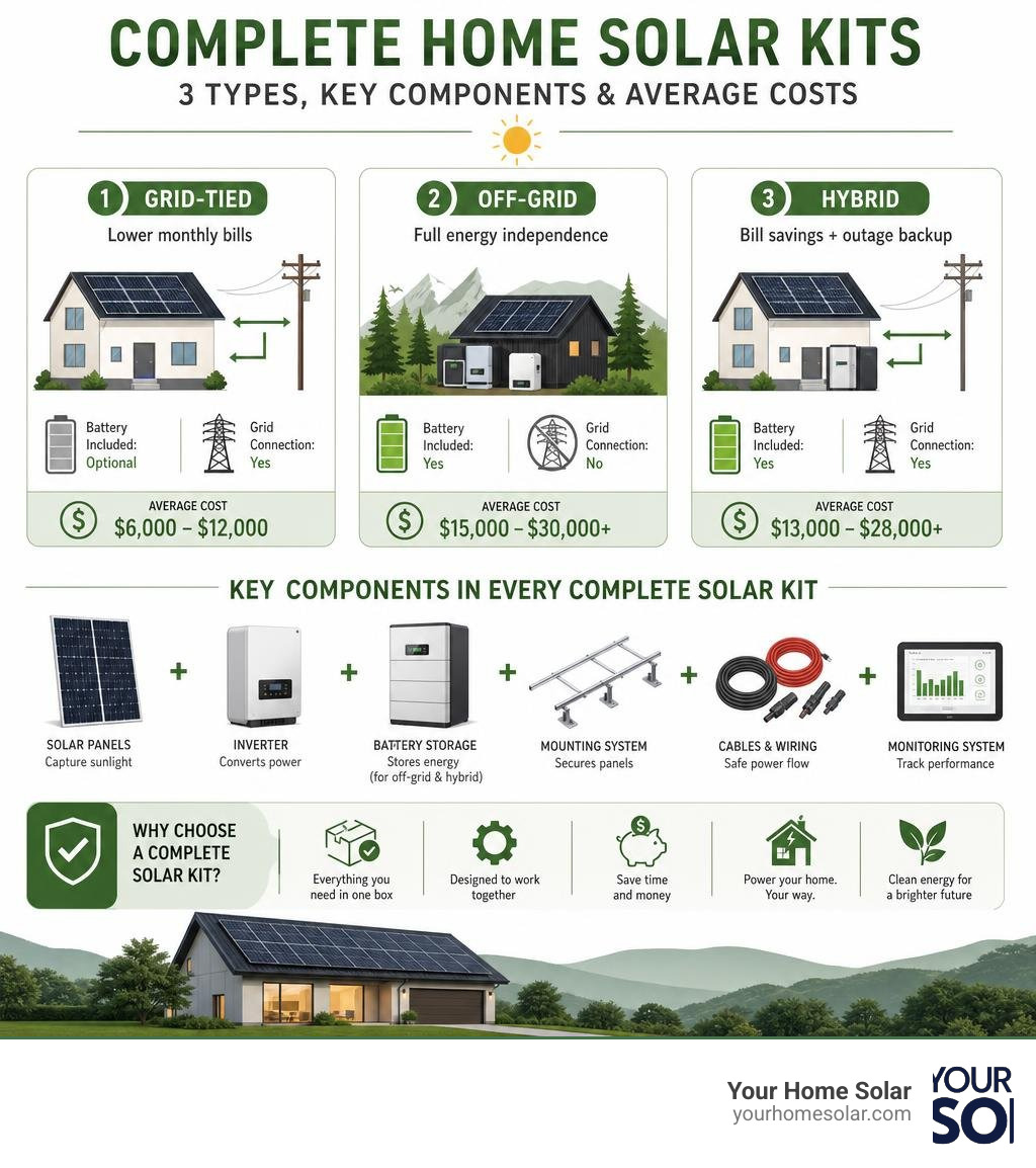 Infographic showing the three types of complete home solar kits, key components, and average costs infographic Infographic showing the three types of complete home solar kits, key components, and average costs infographic