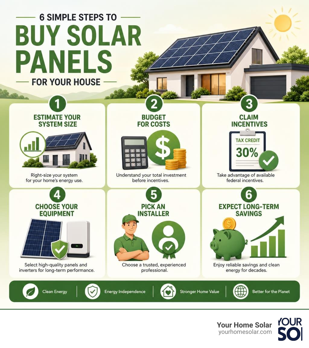 Infographic showing steps to buy solar panels for a house: system size, cost, incentives, equipment, installer, savings Infographic showing steps to buy solar panels for a house: system size, cost, incentives, equipment, installer, savings