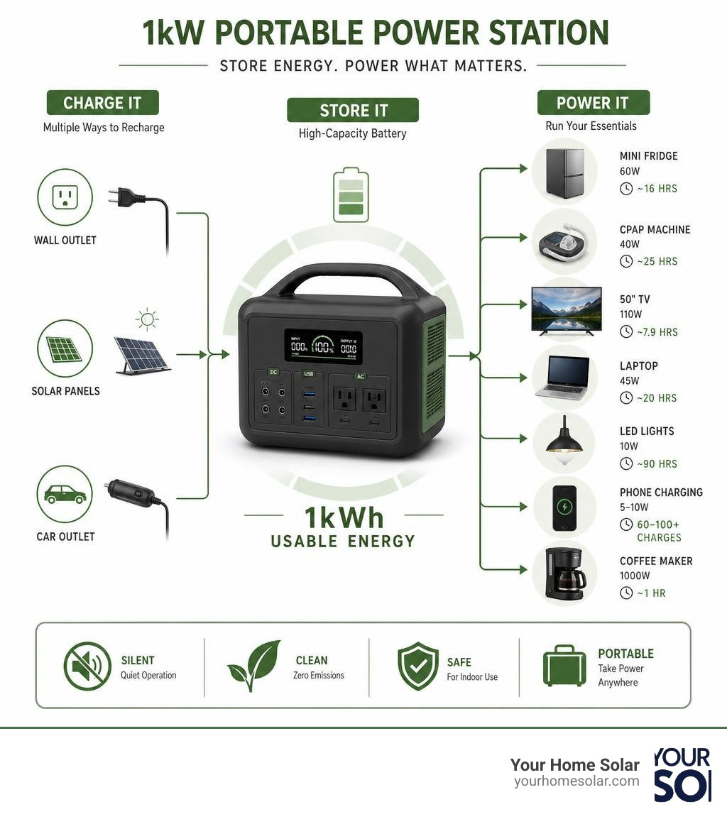 Infographic showing how a 1kW portable power station stores and distributes energy to common devices infographic Infographic showing how a 1kW portable power station stores and distributes energy to common devices infographic