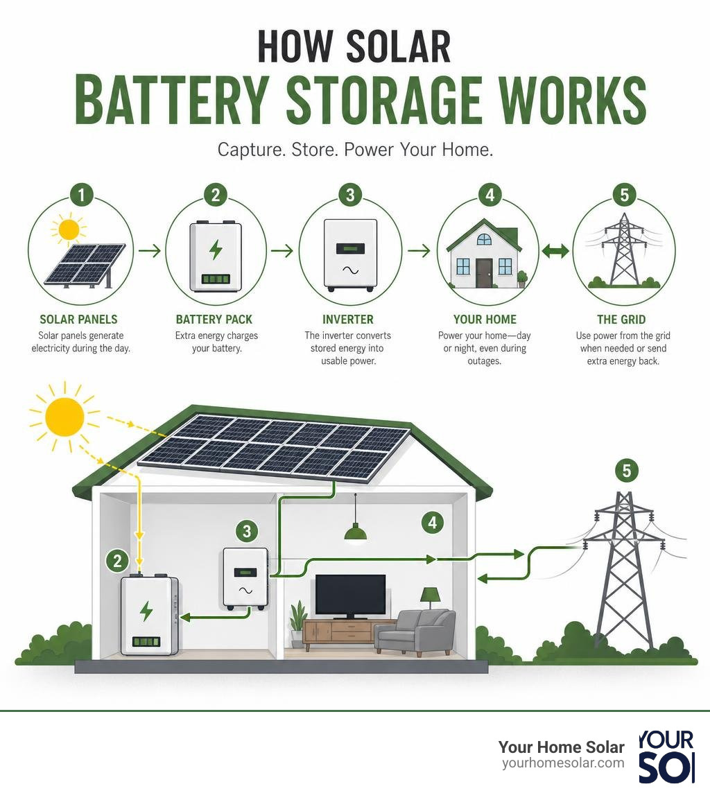 How solar battery storage works: panels, battery pack, inverter, home, and grid flow infographic How solar battery storage works: panels, battery pack, inverter, home, and grid flow infographic