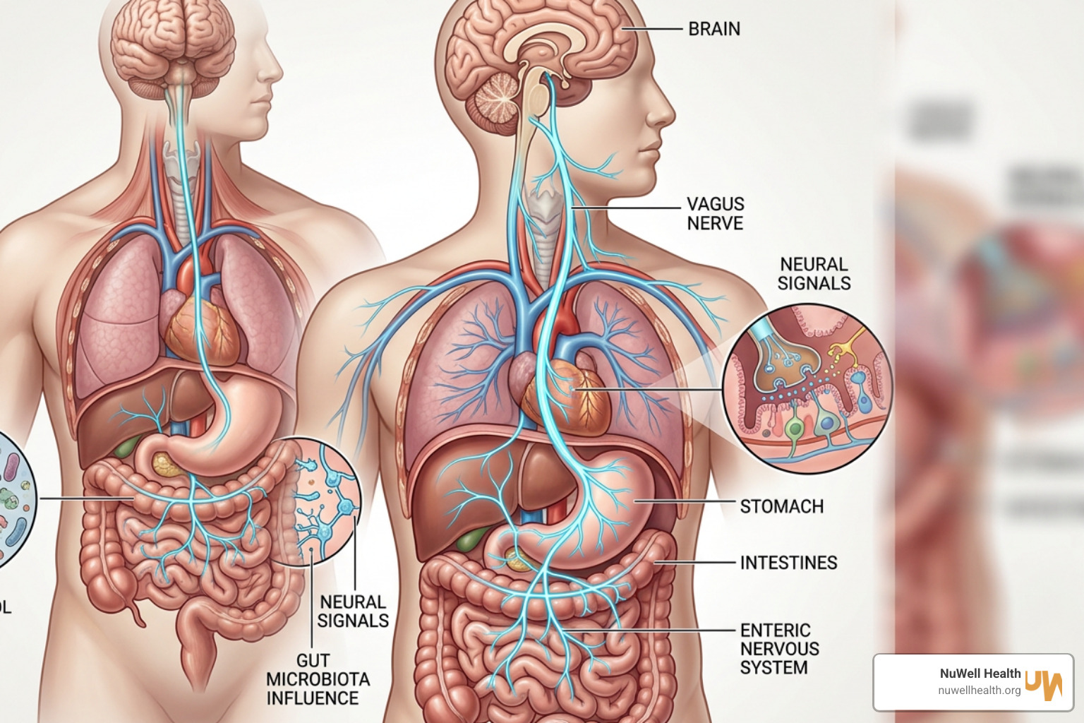 The gut-brain axis pathway showing communication between the brain and the digestive system The gut-brain axis pathway showing communication between the brain and the digestive system