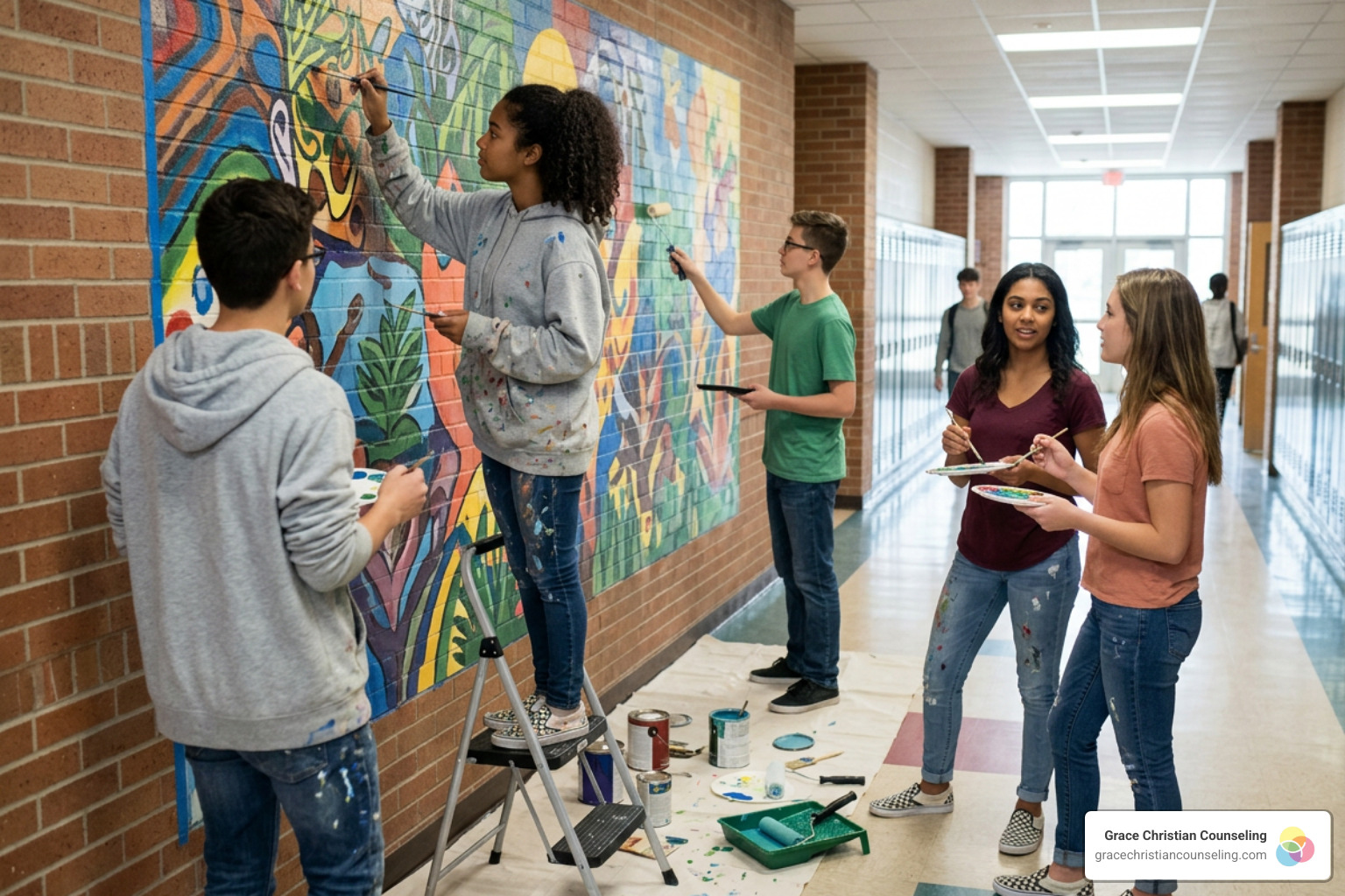 A group of students collaborating on a colorful wall mural A group of students collaborating on a colorful wall mural