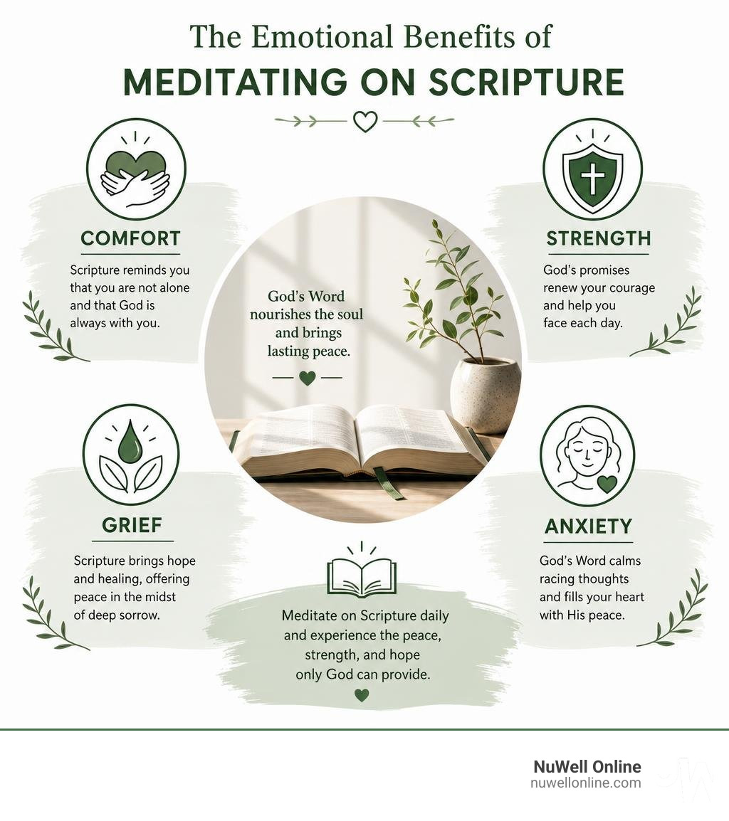 Infographic showing emotional benefits of meditating on Scripture for comfort strength grief and anxiety infographic