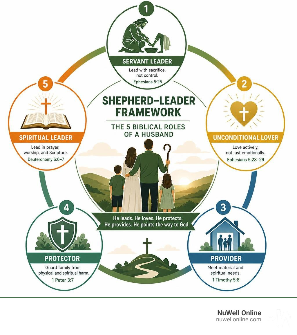 Shepherd-leader framework showing the five biblical roles of a husband in marriage infographic Shepherd-leader framework showing the five biblical roles of a husband in marriage infographic