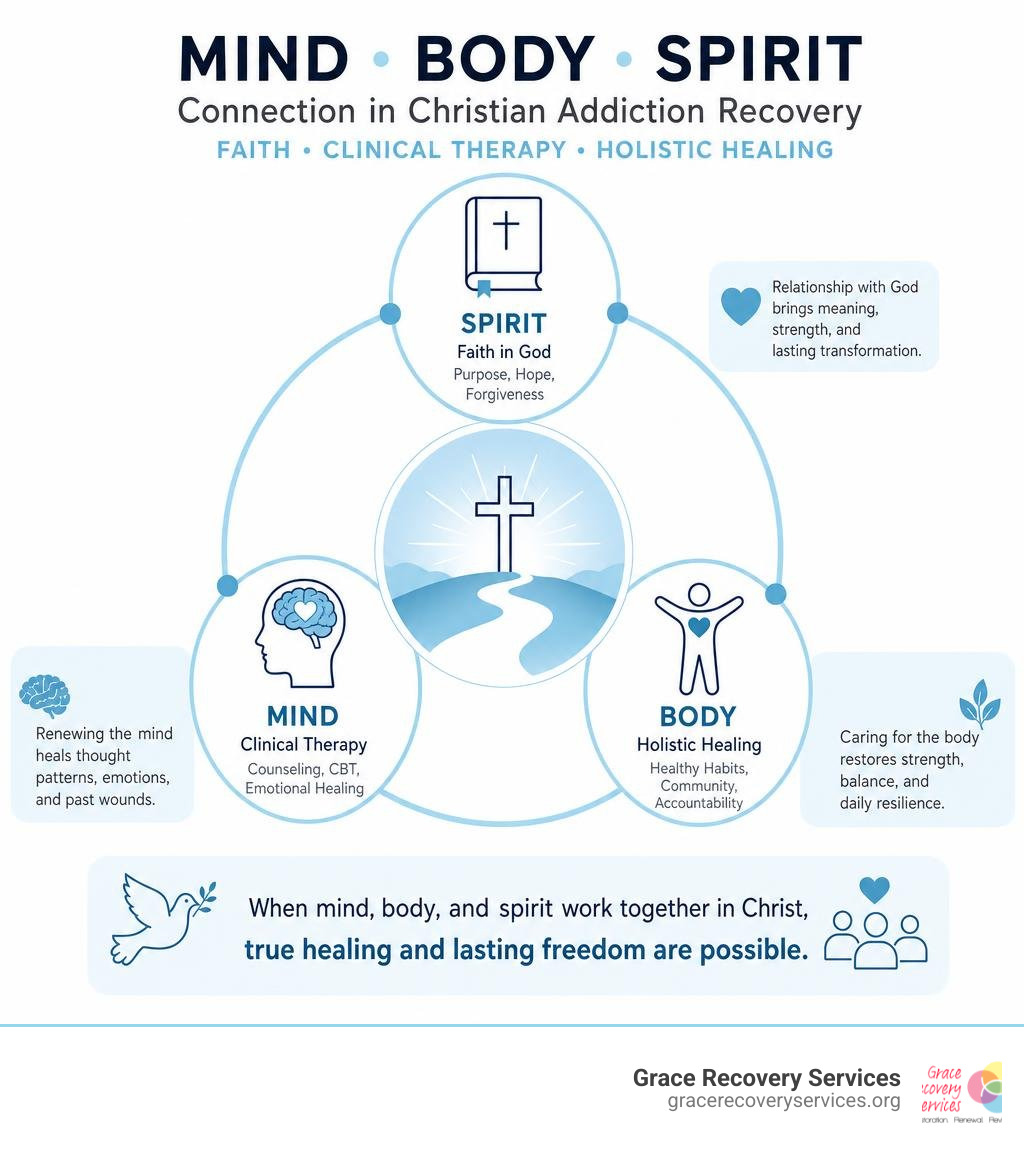 Mind-body-spirit connection in Christian addiction recovery: faith, clinical therapy, and holistic healing infographic