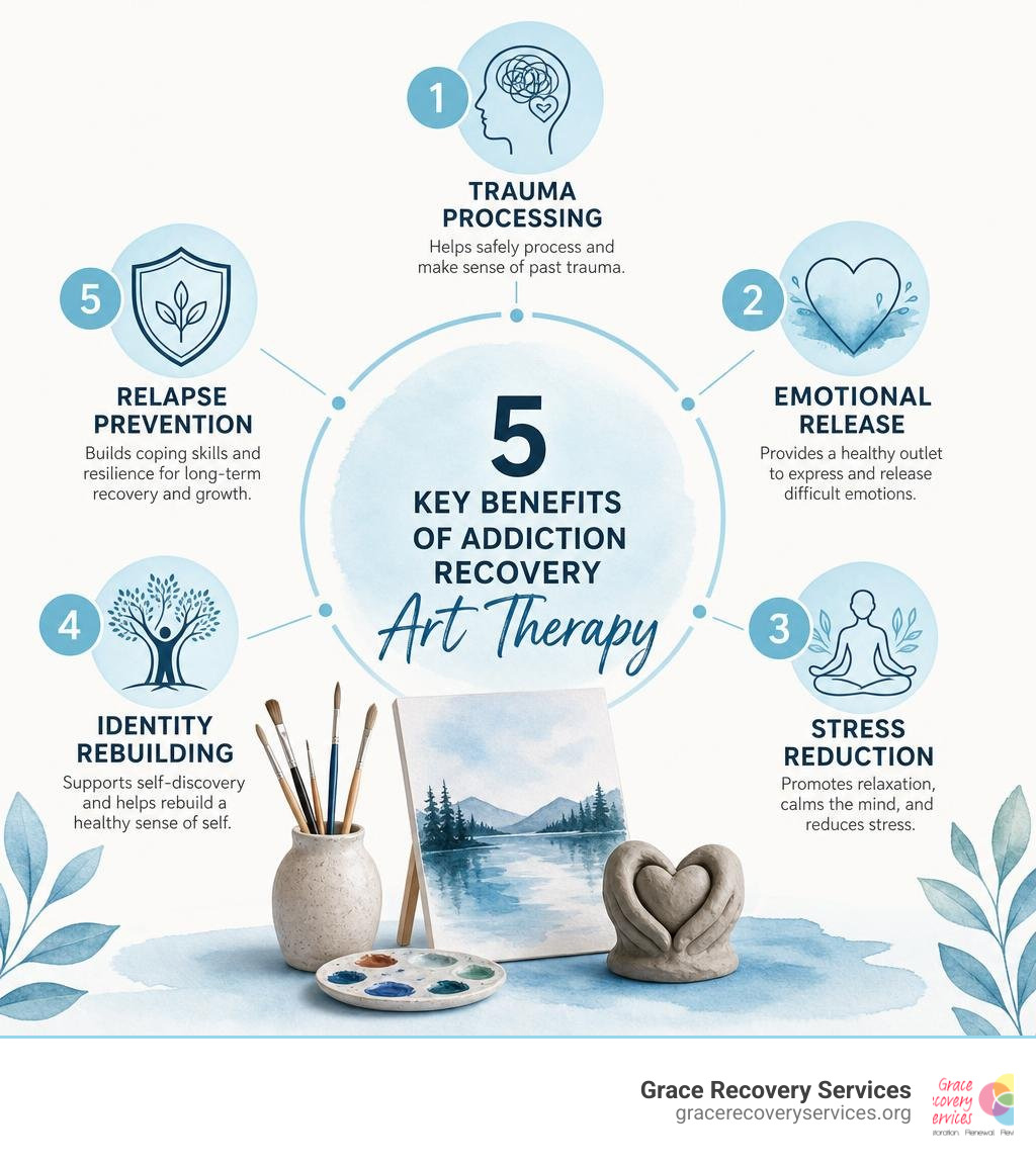 Infographic showing 5 key benefits of addiction recovery art therapy: trauma processing, emotional release, stress Infographic showing 5 key benefits of addiction recovery art therapy: trauma processing, emotional release, stress
