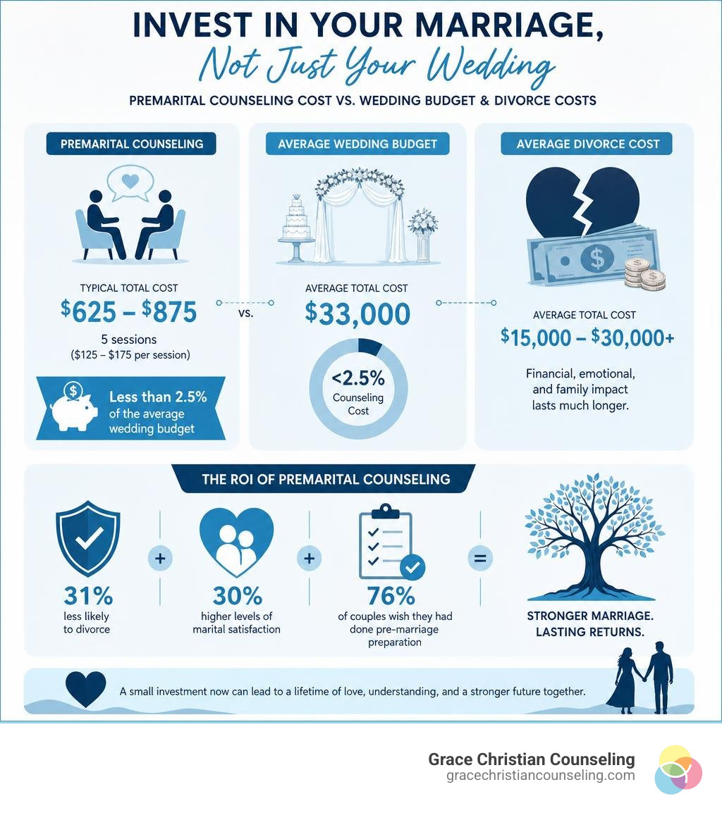 Infographic showing premarital counseling cost vs. wedding budget and divorce costs, with ROI breakdown infographic