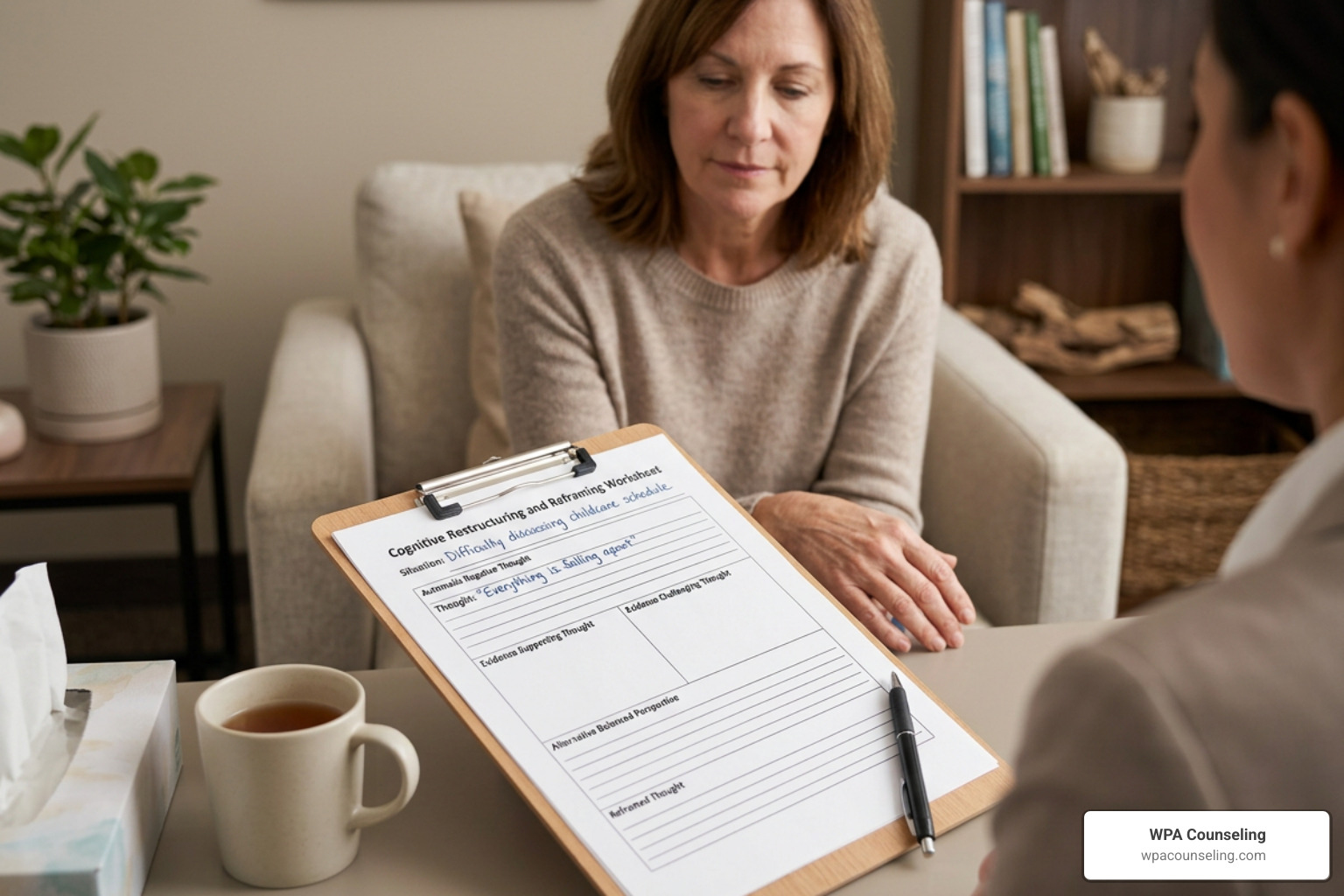 CBT worksheet for cognitive restructuring and reframing negative thoughts during divorce