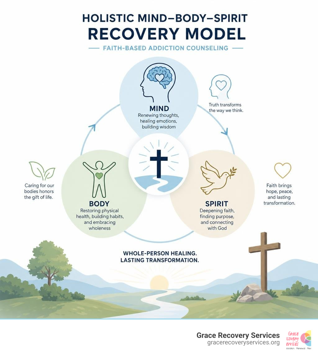Infographic showing the holistic mind-body-spirit recovery model in faith-based addiction counseling infographic