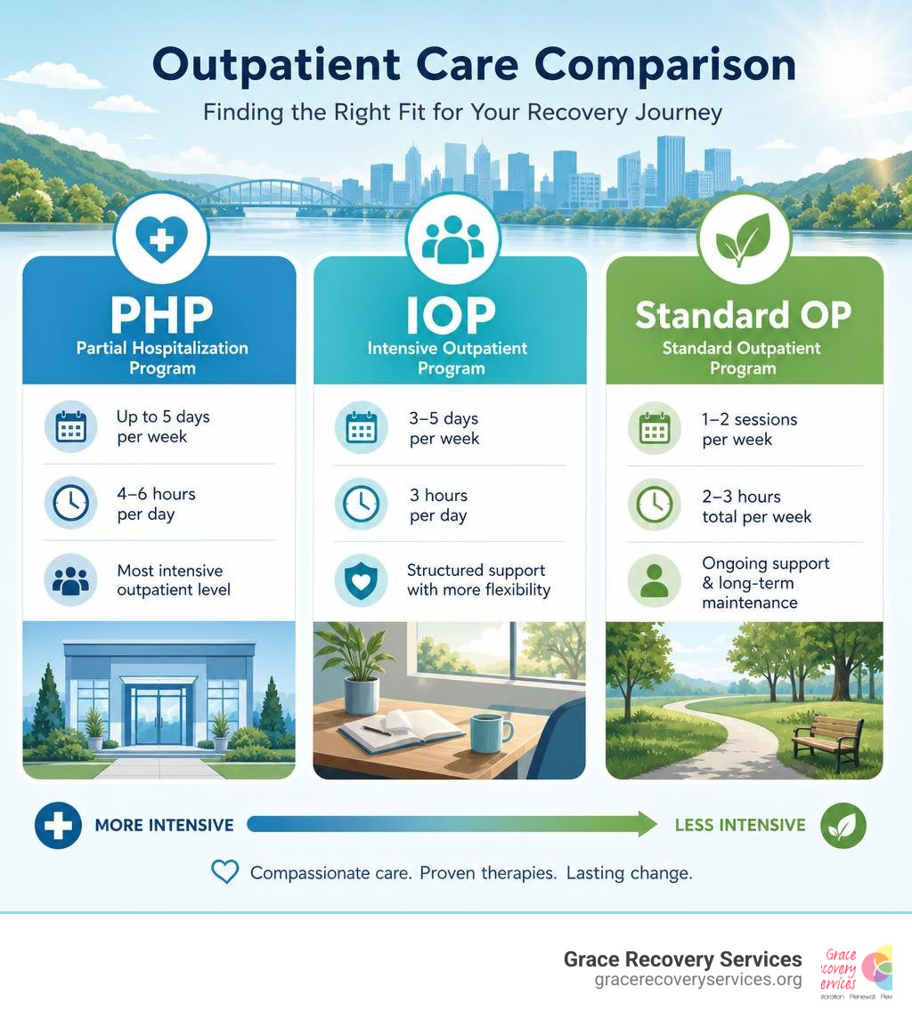 Comparison diagram of PHP, IOP, and Standard Outpatient care structures infographic
