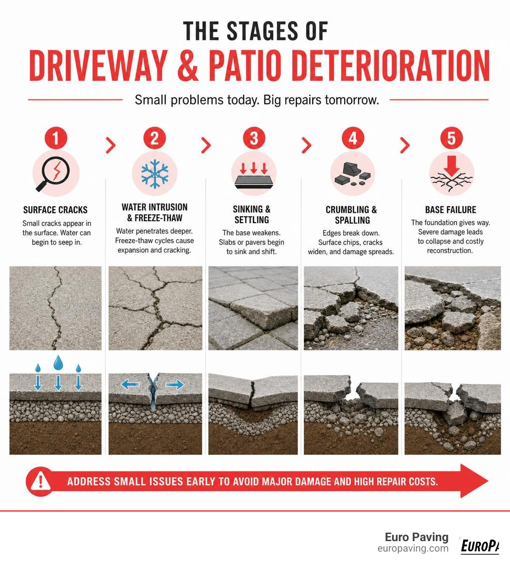 Infographic showing stages of driveway and patio deterioration from surface cracks to base failure infographic