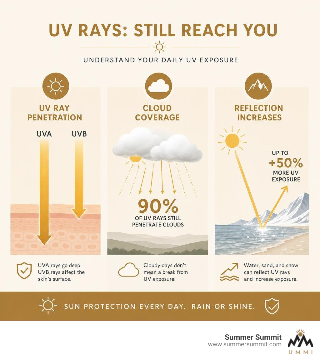 infographic showing UV ray penetration, cloud coverage, and reflection increases infographic